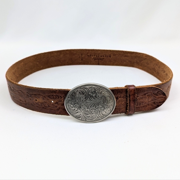 Xhilaration Tooled Leather Western Belt Rustic Boho Engraved Silver Buckle Y2K M - Picture 1 of 11